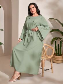 Modelyn 大碼水鑽細節鐘形袖繫腰帶洋裝