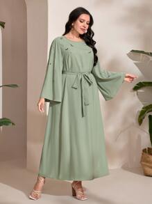 Modelyn 大碼水鑽細節鐘形袖繫腰帶洋裝