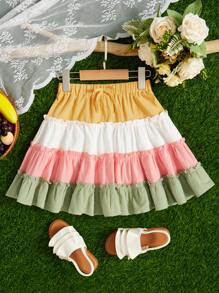 SHEIN Chicas Falda de color combinado ribete fruncido bajo con fruncido - Multicolor - Ver 1