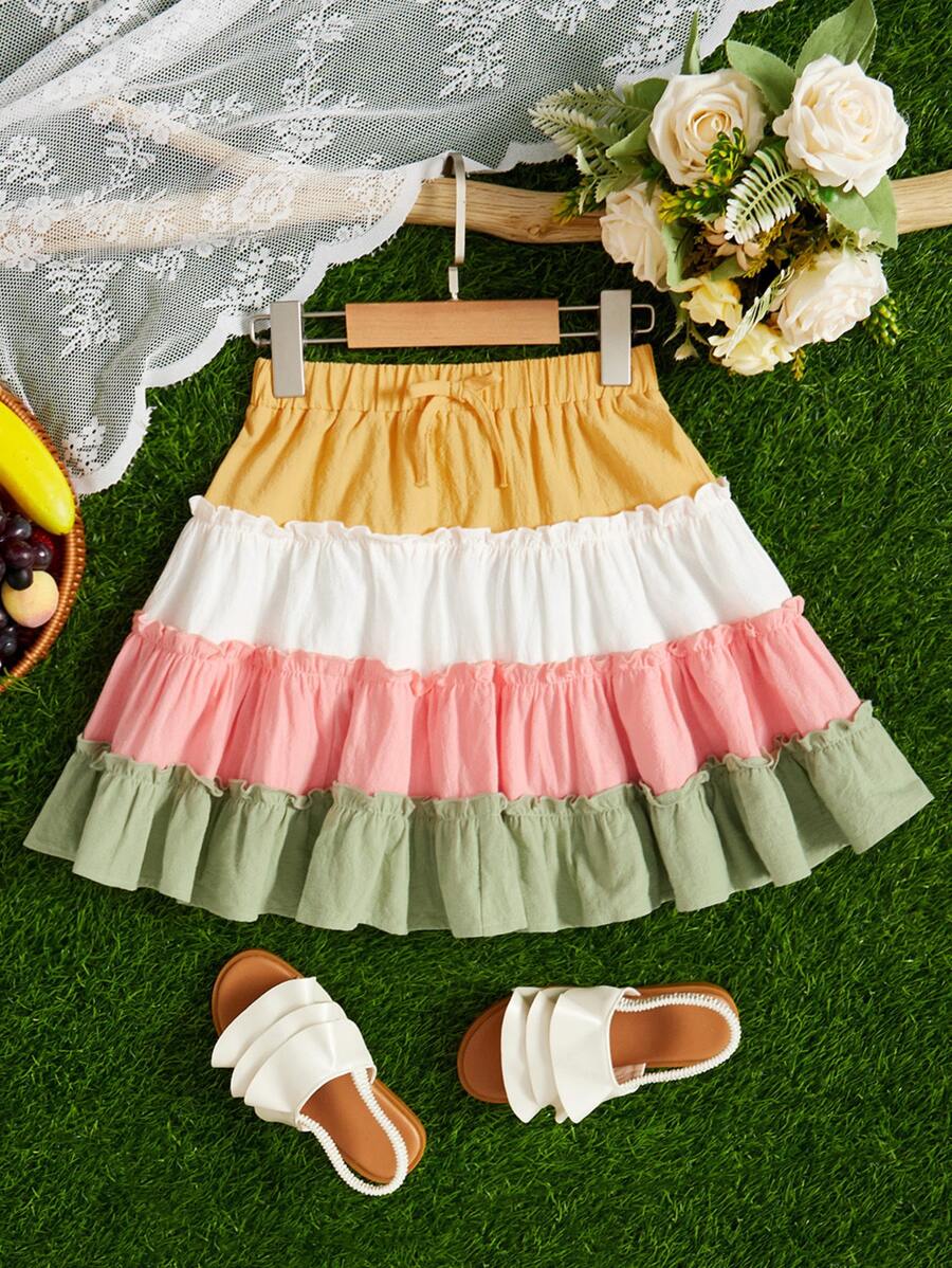 SHEIN Chicas Falda de color combinado ribete fruncido bajo con fruncido - Multicolor - Ver 1
