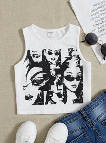 SHEIN Tween 女童休闲圆领肖像印花无袖背心，夏季 - 黑色 - 查看 2