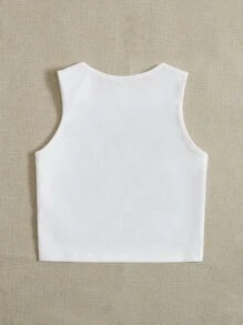 SHEIN Leap Crew 適合十幾歲女生的簡約印花無袖圓領背心上衣，夏季穿著 - 白色 - 查看 2