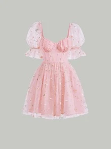 SHEIN MOD Floral Embroidery Flounce Sleeve Mesh Dress - Baby Pink - View 1