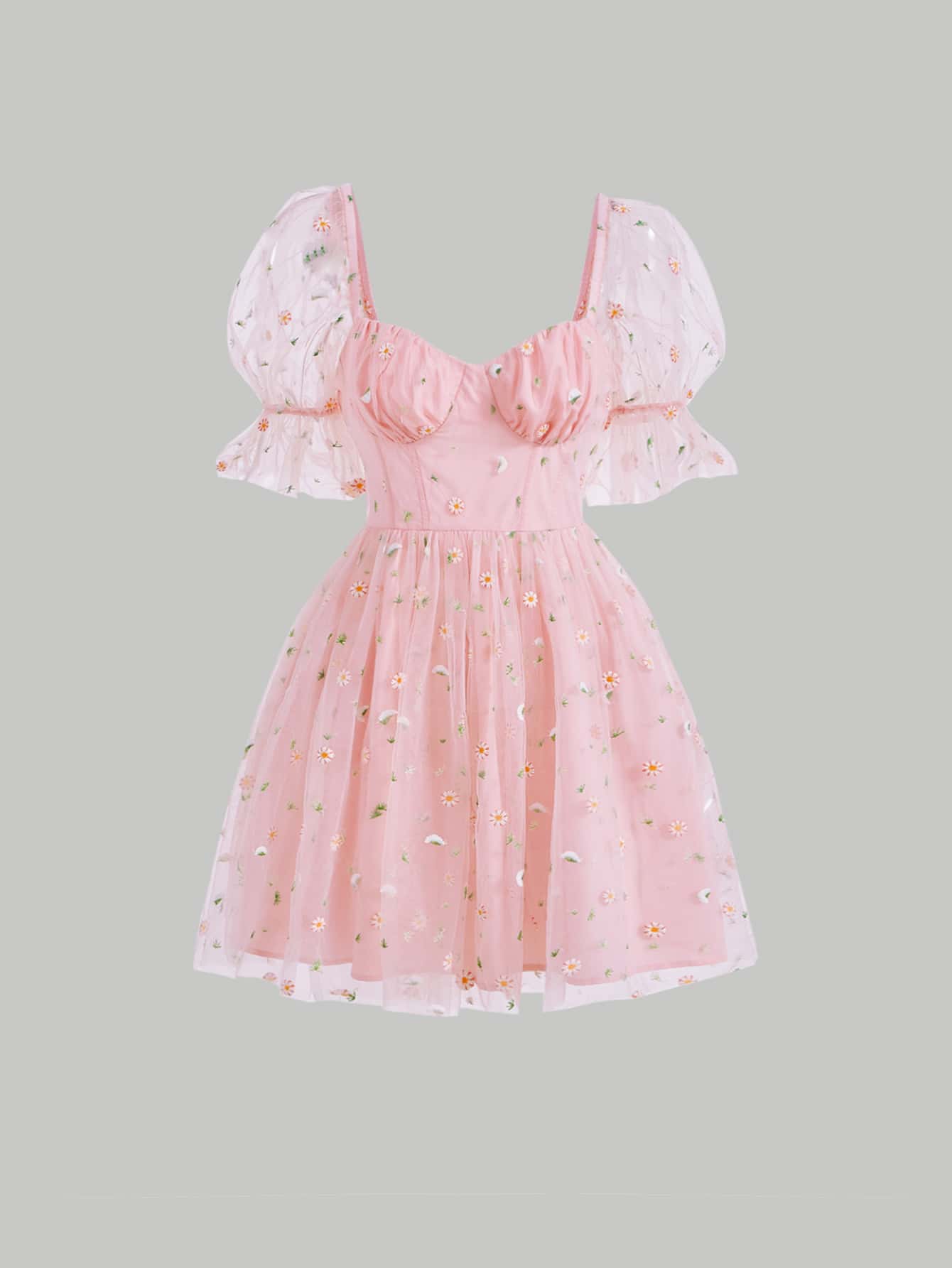 SHEIN MOD Floral Embroidery Flounce Sleeve Mesh Dress - Baby Pink - View 1