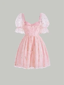 SHEIN MOD Floral Embroidery Flounce Sleeve Mesh Dress - Baby Pink - View 2