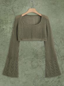 ROMWE Fairycore Áo len nữ màu trơn Giải trí - xanh quân đội - Xem 1