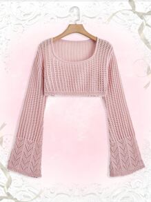 ROMWE Fairycore Solid Hollow Out Crop Sweater - Pink - View 1
