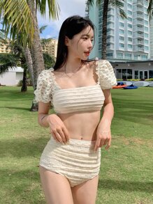 DAZY Solid Frill Trim Summer Beach Bikini Set - Beige - View 6