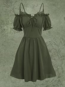 ROMWE Fairycore Solid Frill Trim Cold Shoulder Dress - Army Green - View 1