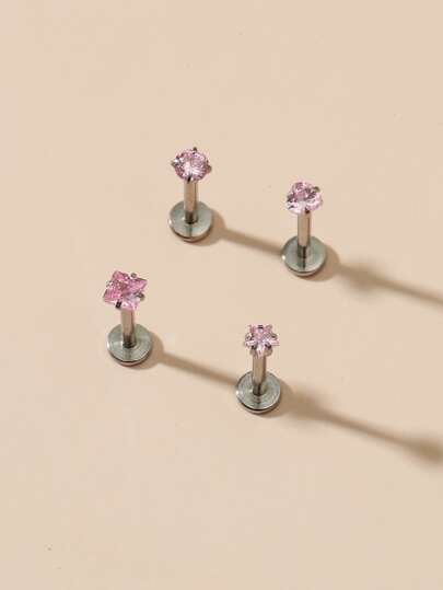 4入组/套方晶鋯石裝飾唇釘不銹鋼受歡迎穿孔身體鏈禮品適合女士和男士,不銹鋼首飾類