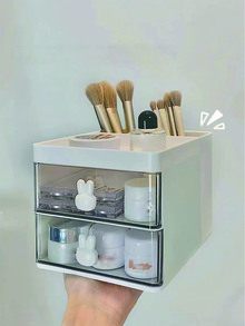 化妆品收纳盒，1 件兔子装饰多用途化妆品收纳盒，带抽屉，台面化妆品收纳盒，口红、刷子、眼影、指甲油和珠宝的梳妆台架，梳妆台桌面收纳盒，浴室、梳妆台、房间、家居、卧室、浴室、房子、粉色房间、客厅装饰、旅行用品、礼品袋、送给妈妈、爸爸、男士、朋友、老师、生日、婚礼、书桌、架子、配件、礼品盒、趣味礼物、收纳、珠宝盒、小袋、化妆刷架、刷子架、香水收纳盒、小袋 - 白色 - 查看 2