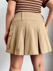 SHEIN ICON Váy Plus Size Xếp li Túi Dây kéo màu trơn Giải trí - Màu Khaki - Xem 2