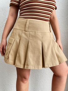 SHEIN ICON Váy Plus Size Xếp li Túi Dây kéo màu trơn Giải trí - Màu Khaki - Xem 5