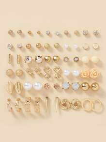 15對組設有鑽石和人造珍珠裝飾的黃金耳環,裝飾珠寶圈耳環,精緻的花葉耳釘,適用於女性女孩的禮物 - 金黃色 - 查看 1