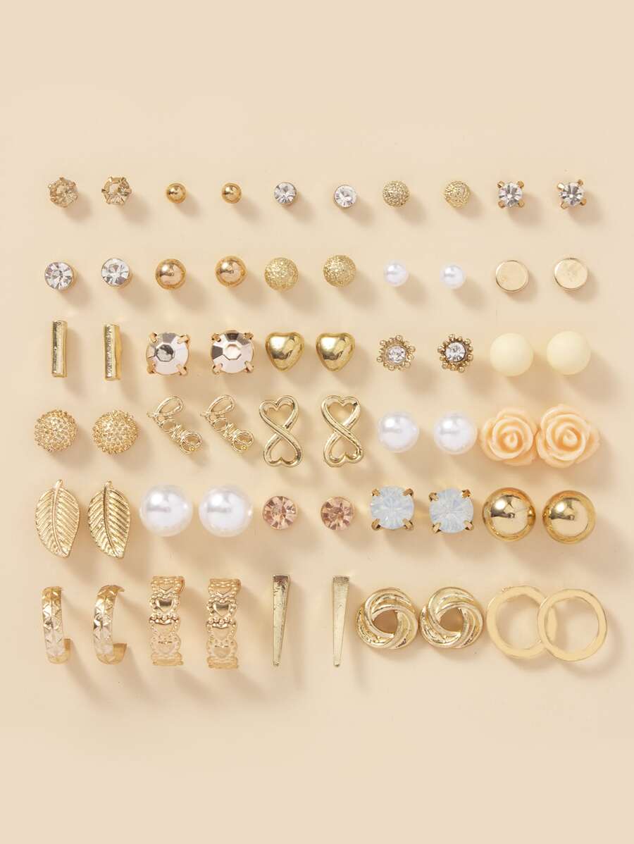 15對組設有鑽石和人造珍珠裝飾的黃金耳環,裝飾珠寶圈耳環,精緻的花葉耳釘,適用於女性女孩的禮物 - 金黃色 - 查看 1