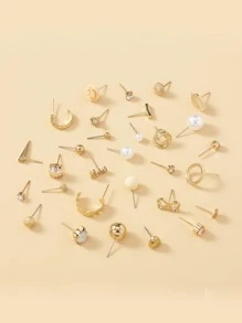 15對組設有鑽石和人造珍珠裝飾的黃金耳環,裝飾珠寶圈耳環,精緻的花葉耳釘,適用於女性女孩的禮物 - 金黃色 - 查看 2