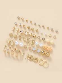 15對組設有鑽石和人造珍珠裝飾的黃金耳環,裝飾珠寶圈耳環,精緻的花葉耳釘,適用於女性女孩的禮物 - 金黃色 - 查看 3