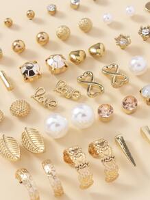 15對組設有鑽石和人造珍珠裝飾的黃金耳環,裝飾珠寶圈耳環,精緻的花葉耳釘,適用於女性女孩的禮物 - 金黃色 - 查看 5