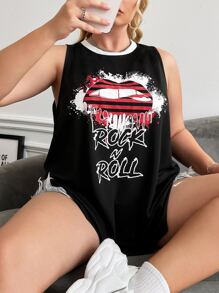 SHEIN EZwear Plus Lip & Letter Graphic Contrast Binding Tank Top - Black - View 1