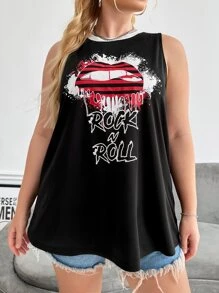 SHEIN EZwear Plus Lip & Letter Graphic Contrast Binding Tank Top - Black - View 2