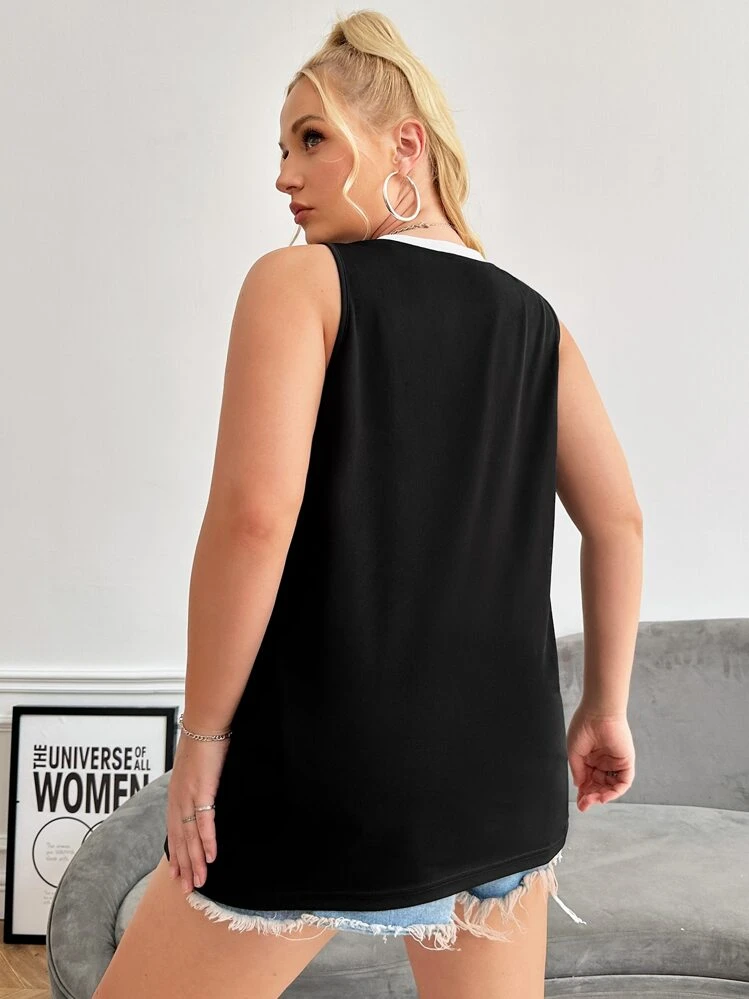 SHEIN EZwear Áo hai dây Plus Size Tương phản ràng buộc Con số Lá thư Giải trí - màu đen - Xem 3