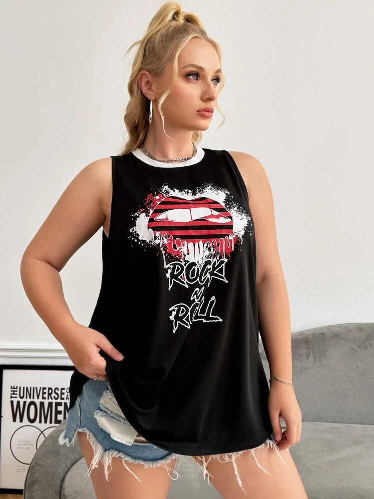 SHEIN EZwear Áo hai dây Plus Size Tương phản ràng buộc Con số Lá thư Giải trí - màu đen - Xem 4