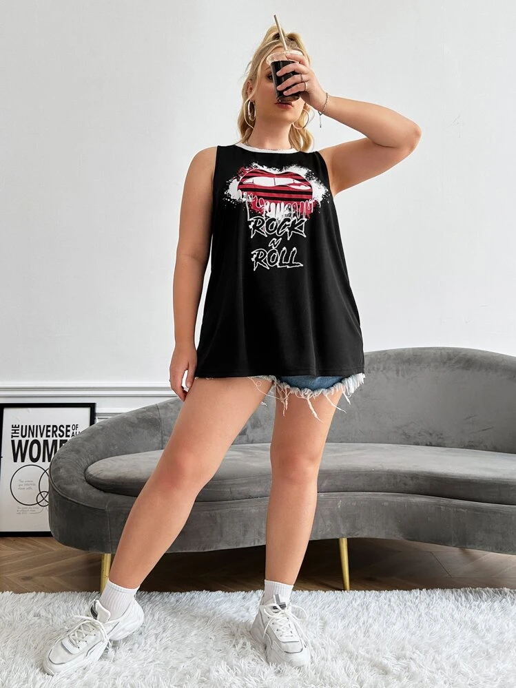 SHEIN EZwear Áo hai dây Plus Size Tương phản ràng buộc Con số Lá thư Giải trí - màu đen - Xem 5