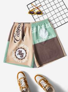 SHEIN EZwear Plus Letter Graphic Colourblock Shorts - Multicolor - View 1