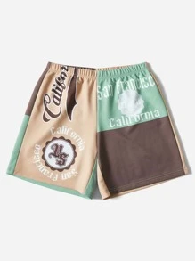 SHEIN EZwear Plus Letter Graphic Colourblock Shorts - Multicolor - View 5