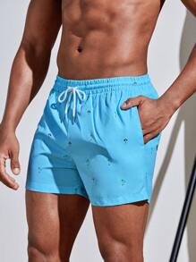 Palasendo Men Random Umbrella & Coconut Tree Print Drawstring Waist Swim Trunks,Hawaiian - Mint Blue - View 1