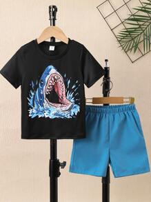 SHEIN 小男童鯊魚印花T恤和短褲 - 彩色 - 查看 1