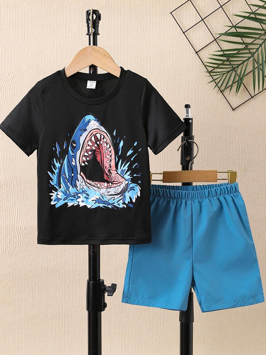 SHEIN 小男童鯊魚印花T恤和短褲 - 彩色 - 查看 1