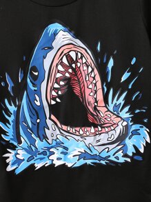 SHEIN 小男童鯊魚印花T恤和短褲 - 彩色 - 查看 3