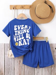 Girls Slogan Graphic Tee & Shorts - Royal Blue - View 1