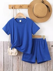 Girls Slogan Graphic Tee & Shorts - Royal Blue - View 2