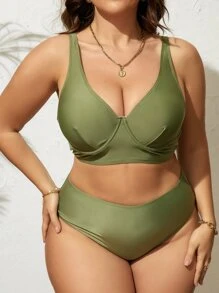 Plus Size Solid Underwire Bikini Set Summer Beach - Army Green - View 1