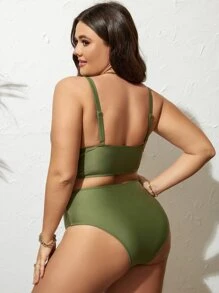 Plus Size Solid Underwire Bikini Set Summer Beach - Army Green - View 2