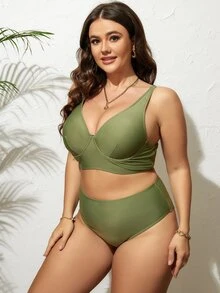 Plus Size Solid Underwire Bikini Set Summer Beach - Army Green - View 3