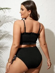 Plus Smocked Frill Trim Bikini Top - Black - View 2