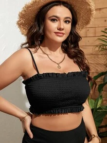 Plus Smocked Frill Trim Bikini Top - Black - View 5