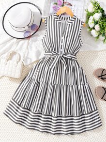SHEIN Chicas Vestido con cinturón con estampado de rayas bajo con fruncido - Multicolor - Ver 1