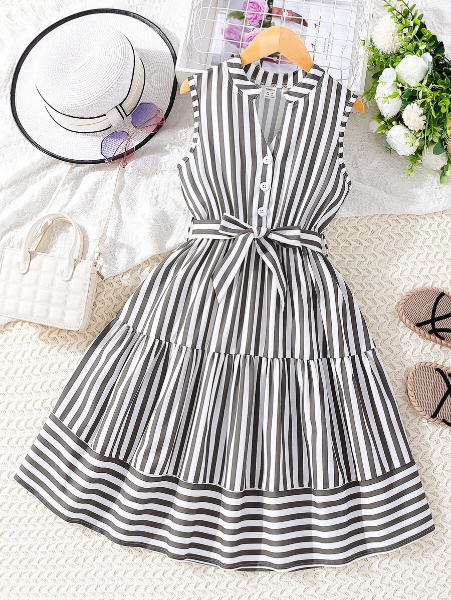 SHEIN Chicas Vestido con cinturón con estampado de rayas bajo con fruncido - Multicolor - Ver 1