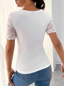 SHEIN Frenchy Áo thun nữ Tương phản ren màu trơn Giải trí - trắng - Xem 2