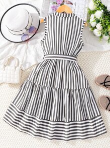 SHEIN Chicas Vestido con cinturón con estampado de rayas bajo con fruncido - Multicolor - Ver 2