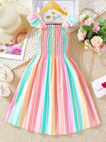 SHEIN 女孩條紋印花荷葉邊連衣裙 - 彩色 - 查看 1