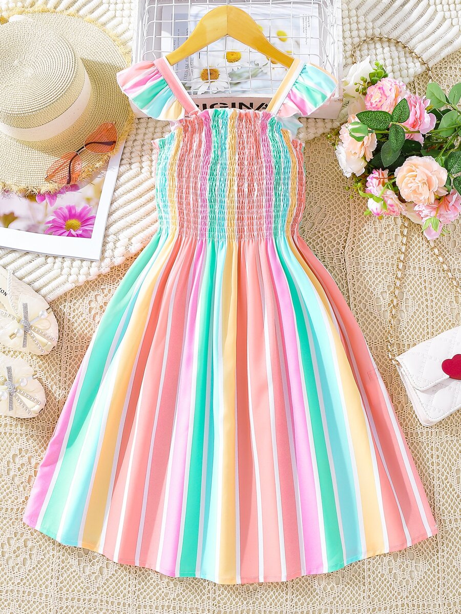SHEIN 女孩條紋印花荷葉邊連衣裙 - 彩色 - 查看 1