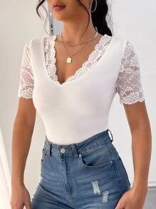 SHEIN Frenchy Áo thun nữ Tương phản ren màu trơn Giải trí - trắng - Xem 5