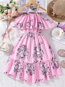 Chicas Vestido con estampado floral de hombros descubiertos bajo con fruncido - Rosa - Ver 1
