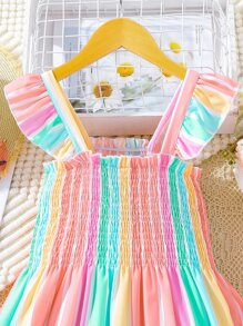 SHEIN 女孩條紋印花荷葉邊連衣裙 - 彩色 - 查看 3
