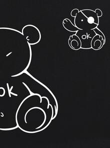 INAWLY Bear Print Drop Shoulder Tee Graphic Tees Women Tops - Black - View 3